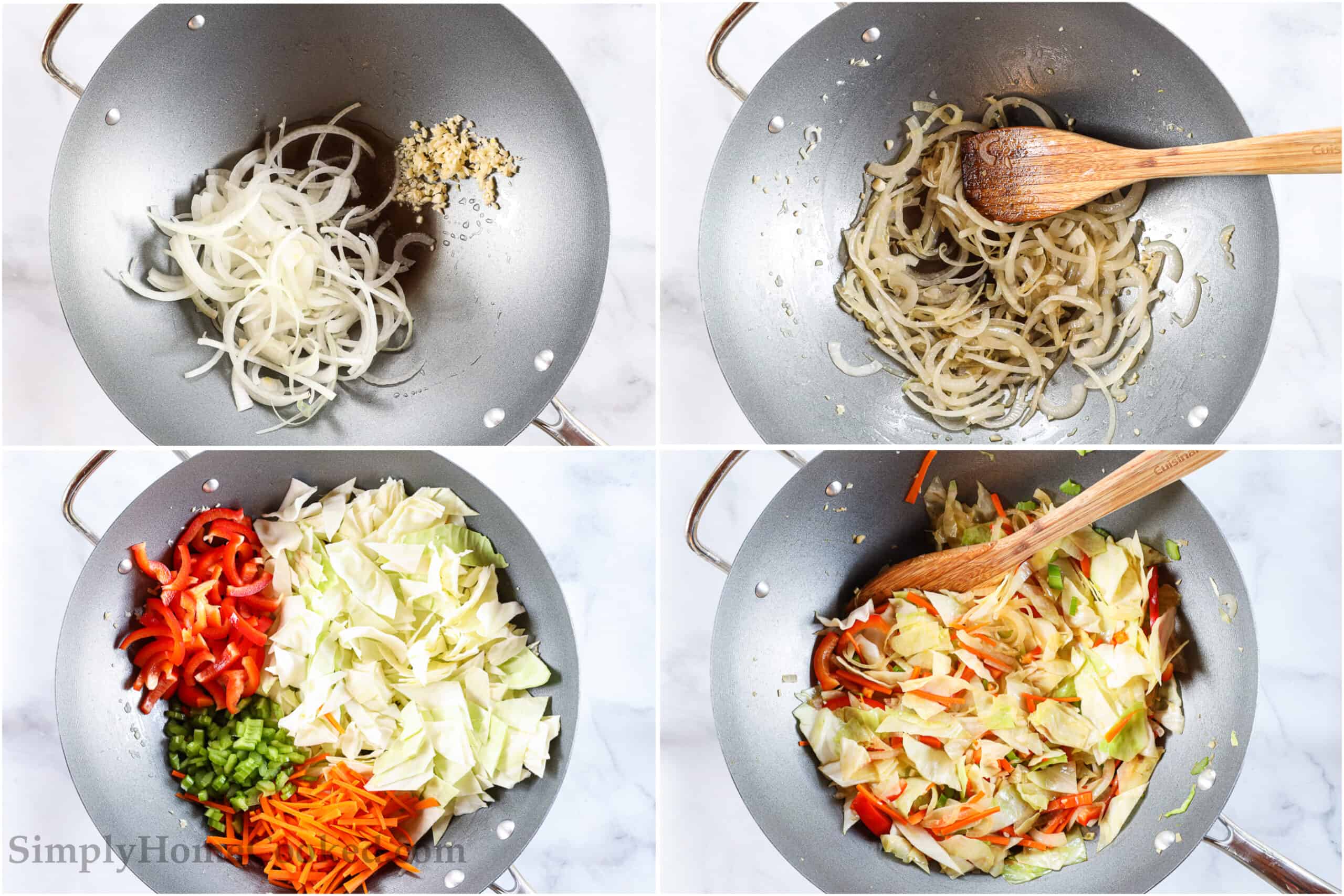Steps to make 30-Minute Shrimp Chow Mein, including cooking the garlic and onion, stirring with a wooden spoon, and then adding the pepper, cabbage, celery, and carrots, before stirring and cooking them until tender.