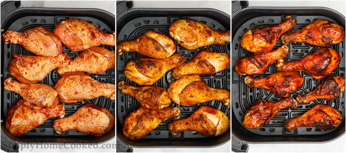 Steps to make Air Fryer Chicken Legs, including air frying the chicken and then coating it in BBQ sauce.
