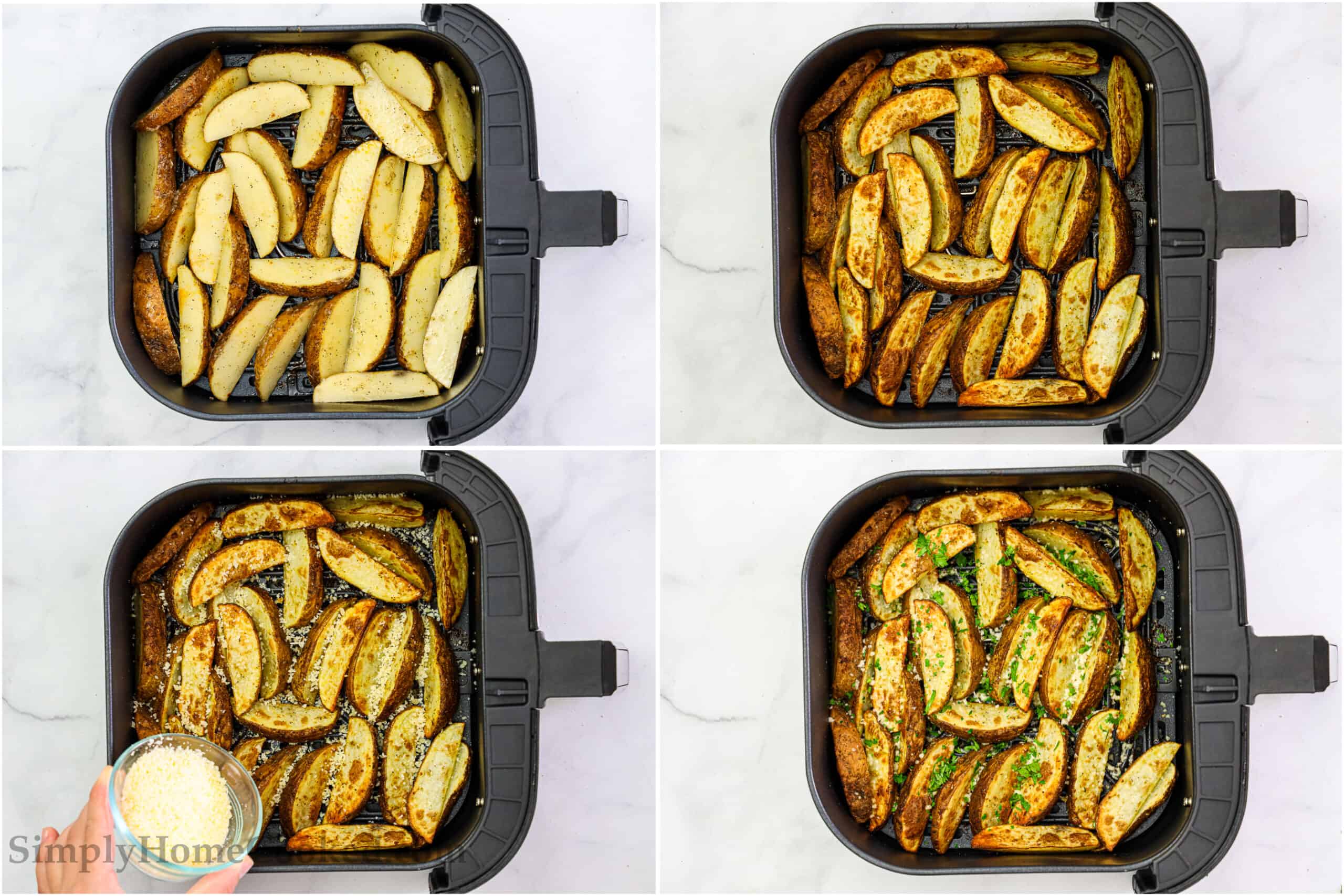 These Garlic Parmesan Potato Wedges are crispy and have the best flavors. Cheesy, salty, and garlicky, they are so addictive. #garlicparmesanairfryerpotatowedges #homemadegarlicparmesanpotatowedges #homemadeairfryerpotatowedges #homemadeparmesangarlicpotatowedges Steps to make Garlic Parmesan Potato Wedges, including baking them in the air fryer until golden and then baking them after adding the Parmesan cheese, then garnishing with parsley.