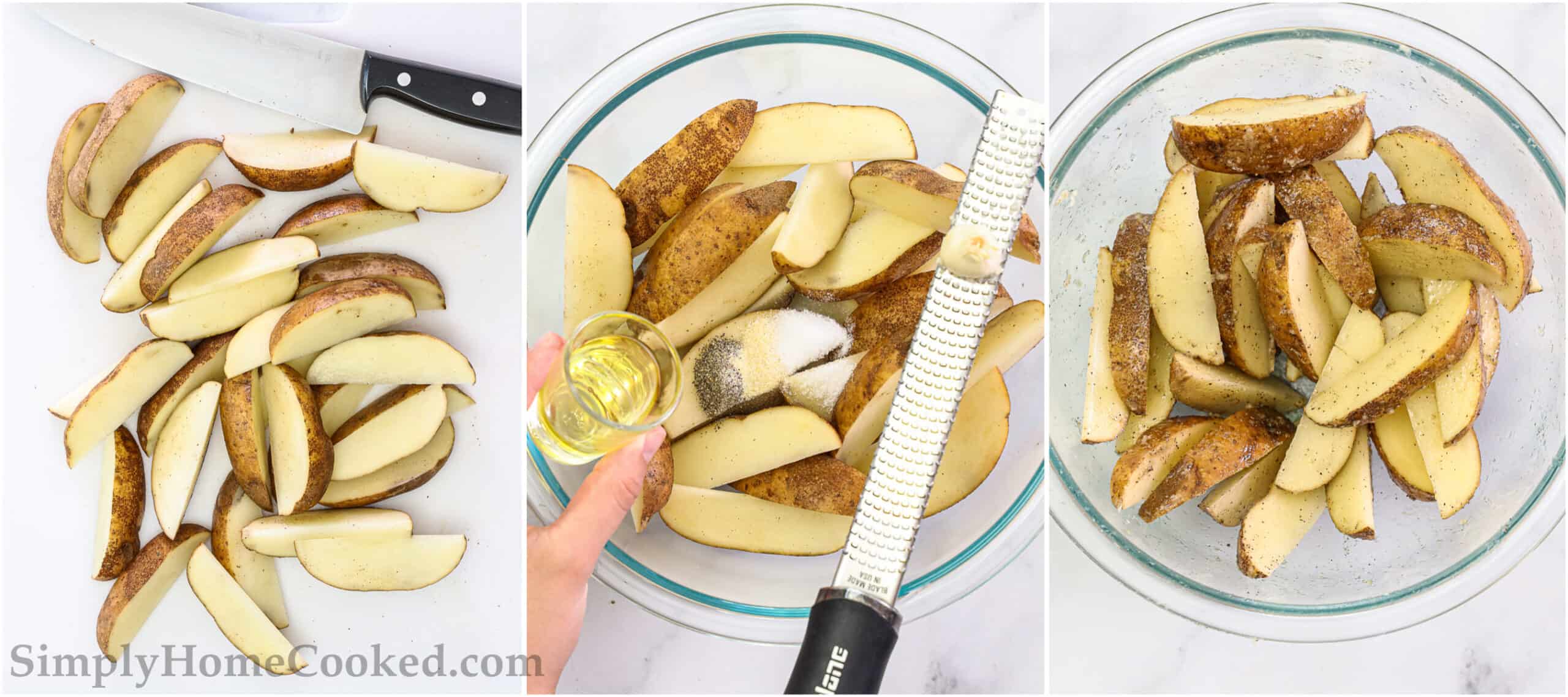 You have got to try these Garlic Parmesan Potato Wedges. They are so flavorful and crispy, with melted Parmesan cheese on top. #cheesypotatowedges #cheesyairfryerpotatowedges #cheesyairfryerpotatowedgesrecipe #Parmesangarlicpotatowedges Steps to make Garlic Parmesan Potato Wedges, including cutting the potatoes into wedges and pressing the garlic and adding the seasonings, then tossing together,