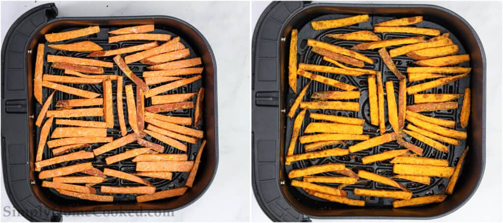 Steps to make the BEST Air Fryer Sweet Potato Fries, including laying the fries in a single layer in the air fryer basket and then cooking them until they are browned and crispy.