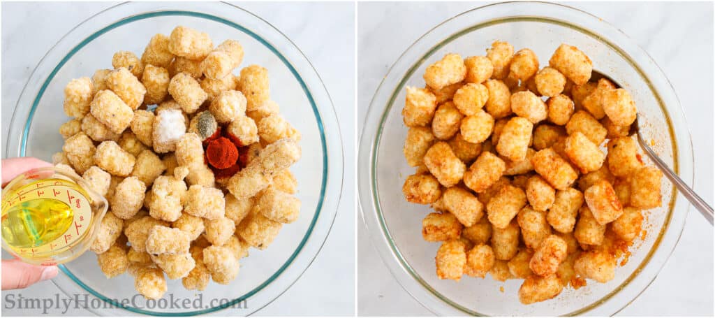 Steps to make Crunchy Air Fryer Tater Tots, including stirring in the seasonings and oil until the tater tots are well coated.