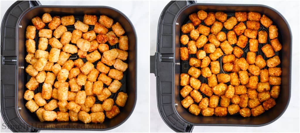 Steps to make Crunchy Air Fryer Tater Tots, including placing the seasoned tater tots in the air fryer basket and cooking until browned. 