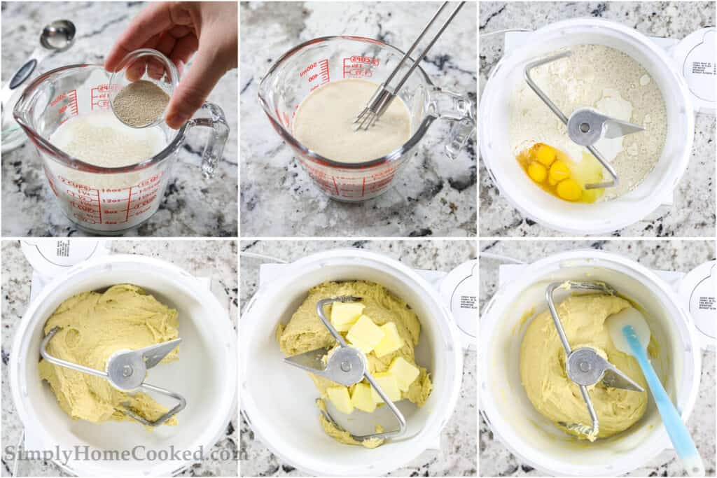 Steps to make Maple Donut Bars from Scratch, including whisking the yeast to make it frothy, adding the other ingredients and then mixing with a hook attachment until it's elastic and smooth.