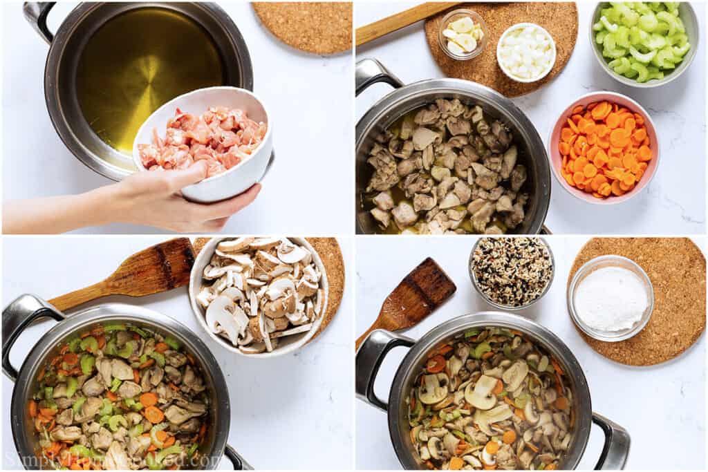 Steps to make Creamy Chicken and Wild Rice Soup, including cooking the chicken in oil in a pot and then the vegetables, and finally the wild rice and flour are added.