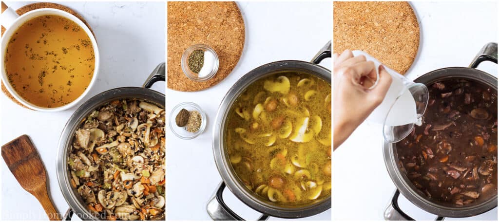 Steps to make Creamy Chicken and Wild Rice Soup, including adding the chicken broth and then seasoning the soup, before adding the heavy cream and letting it simmer.