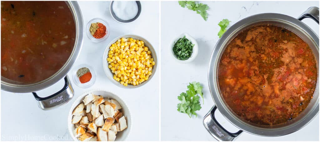 Steps to make Chicken Tortilla Soup, including adding the seasoning, cubed chicken, and corn, then bringing it to a boil and adding fresh cilantro.