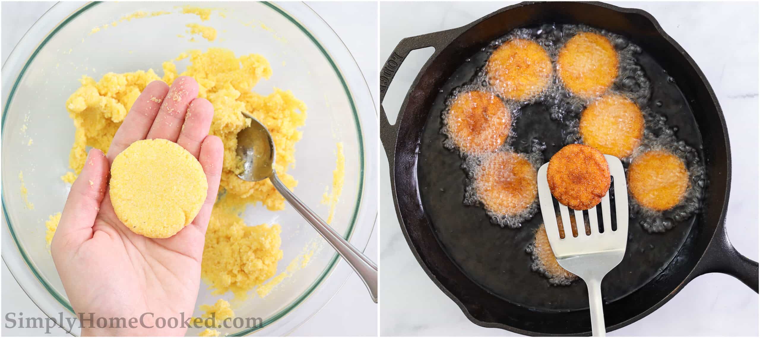 passos para fazer pão de milho de água quente do Sul, incluindo formar a massa em rissóis e depois fritá-los para uma cor marrom dourada.