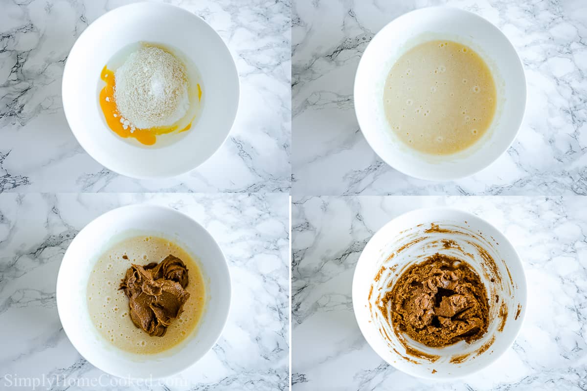 Steps to make Easy Keto Peanut Butter Cookies, including mixing the ingredients together with a hand mixer and then adding in the peanut butter.