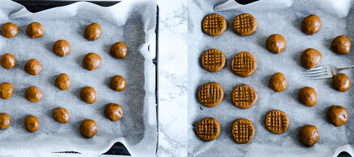Steps to make Easy Keto Peanut Butter Cookies, including rolling the dough into balls and then making hashtag marks on the top of them with a fork before baking.