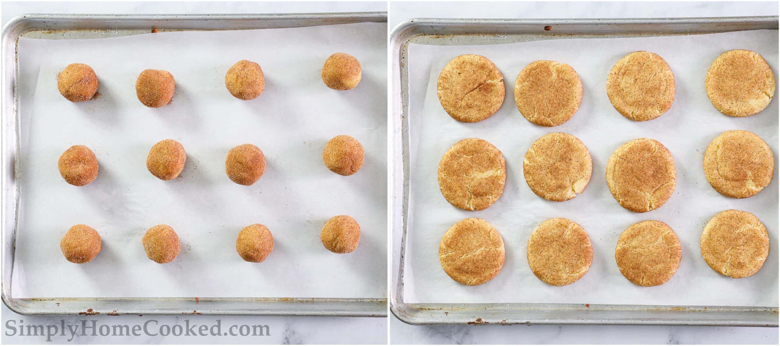 Steps to make Soft Snickerdoodle Cookies, including placing the balls of cookie dough on a baking sheet and baking until soft.