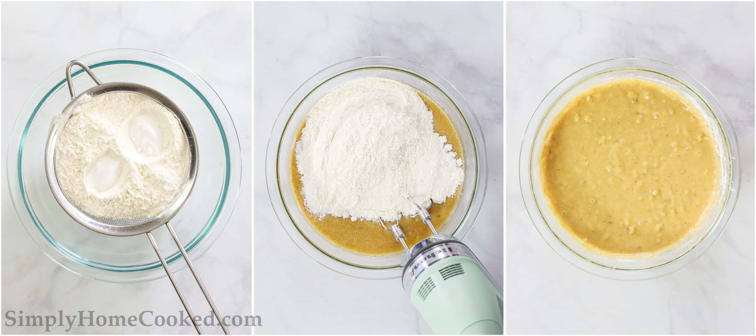 Steps to make Banana Chocolate Chip Muffins, including sifting the dry ingredients into the batter and mixing with a hand mixer.