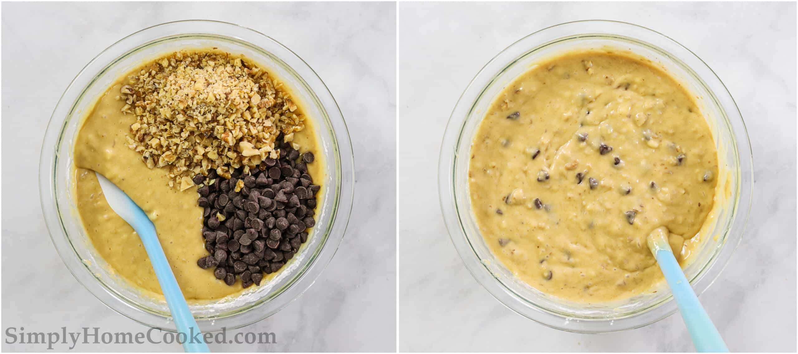 Steps to make Banana Chocolate Chip Muffins, including folding in the chocolate chips and walnuts with a spatula.