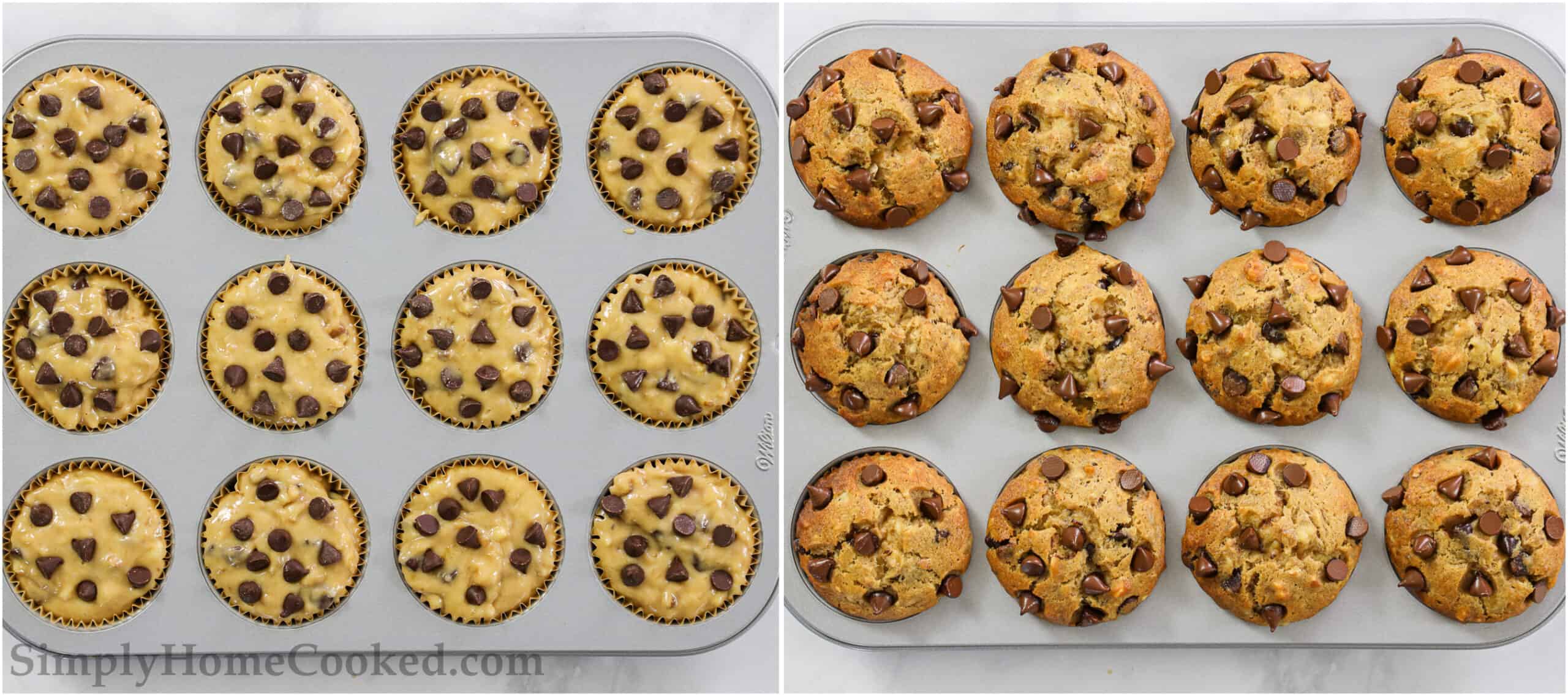 Steps to make Banana Chocolate Chip Muffins, including pouring the batter into muffin tins and baking them.