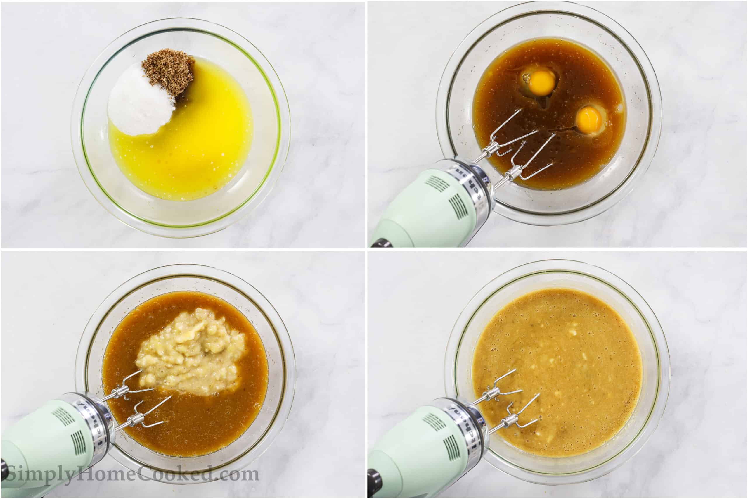 Steps to make Banana Chocolate Chip Muffins, including mixing the eggs, sugars, and vanilla, then adding the mashed bananas, and mixing again.