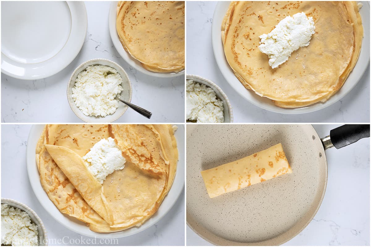 Steps to fill a Cheese Blintz, including laying a spoonful of sweet cheese filling in the blintz, and then rolling it up like a burrito.