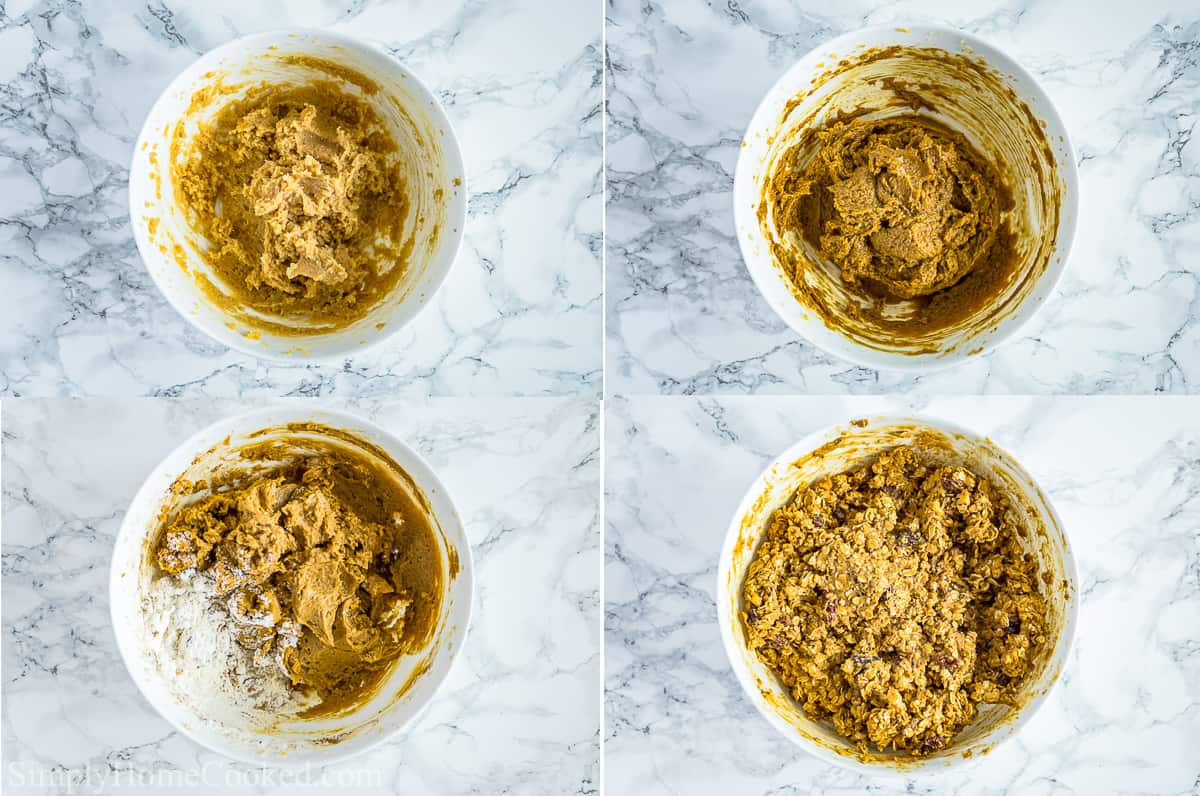 Steps to make Oatmeal Raisin Cookies, including beating the sugars and butter, then adding the rest of the wet ingredients to the mixing bowl, and then sifting in the dry and finally adding the oats, raisins, and walnuts.