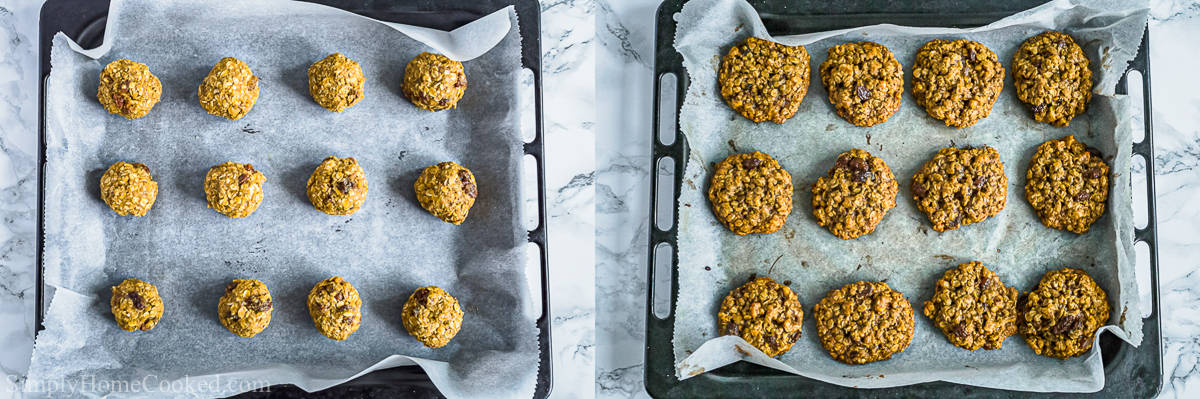 Steps to make Oatmeal Raisin Cookies, including rolling the cookie dough into balls and then baking them to a golden brown on a parchment paper lined baking sheet.