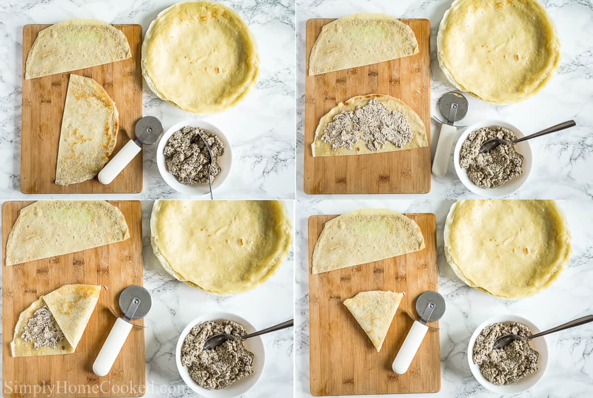 Steps to make Savory Crepes with Chicken and Mushroom Filling, including cutting the crepes with a pizza wheel, spooning the filling into the half, then folding it into thirds, with a bowl of chicken and mushroom filling and extra crepes to the side.