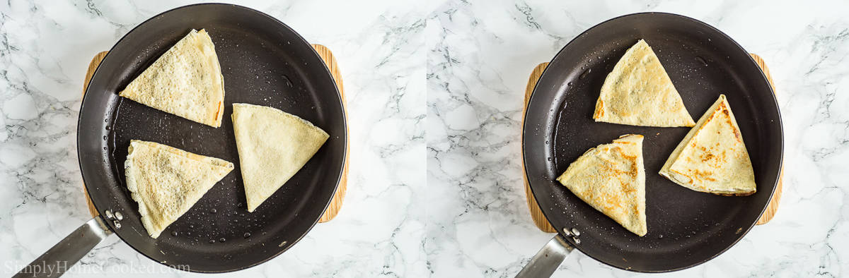 Steps for making Savory Crepes with Chicken and Mushroom Filling, including cooking the filled crepes in a buttered skillet to golden brown.