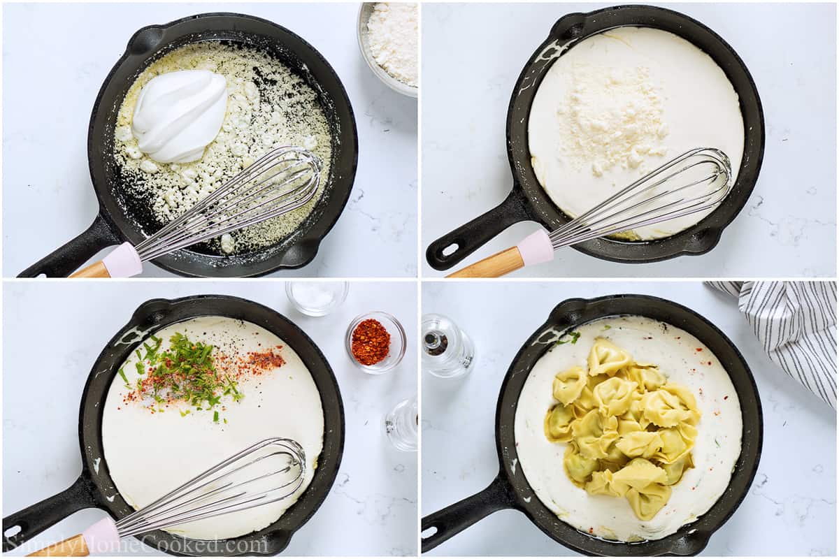 Steps to make Creamy Tortellini Alfredo, including whisking in the cream cheese and heavy cream, then adding Parmesan and the seasonings, and finally the tortellini.