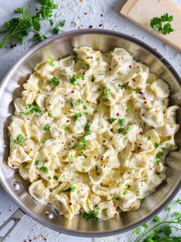 overhead image of creamy tortellini Alfredo in a stainless steal pan