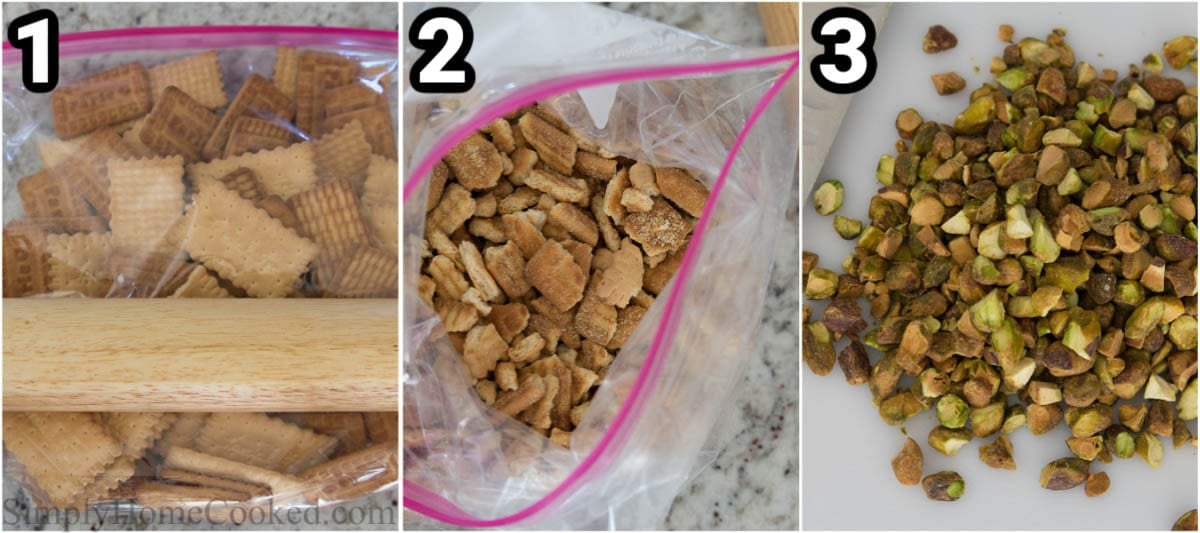 Steps to make Chocolate Salami: crush the tea biscuits in a bag with a rolling pin and chop the pistachios.