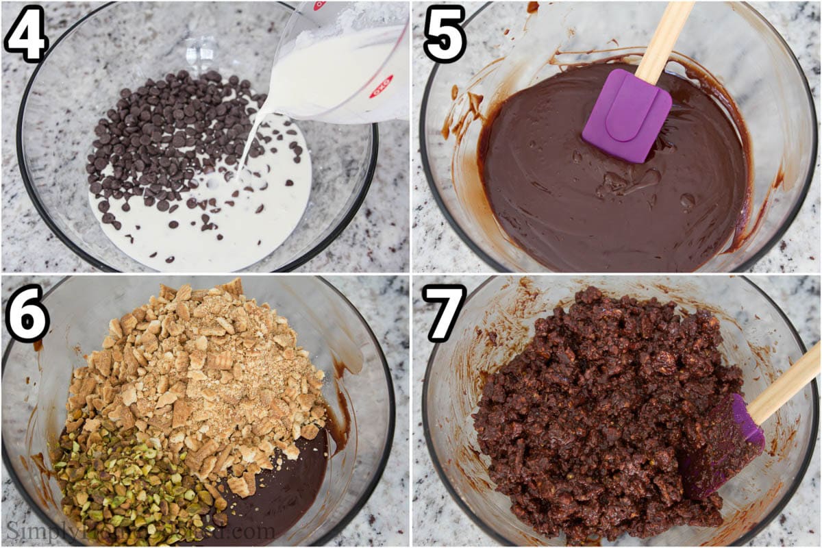 Steps to make Chocolate Salami: add the heavy cream and melted butter to the chocolate chips and melt them, then add the tea biscuits and pistachios.
