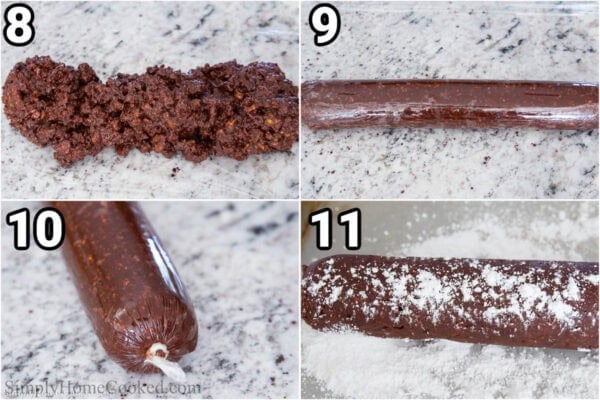 Steps to make Chocolate Salami: roll the mixture into a log, wrap it with plastic wrap and secure the ends, then let it rest in the fridge. When ready, dust with powdered sugar.