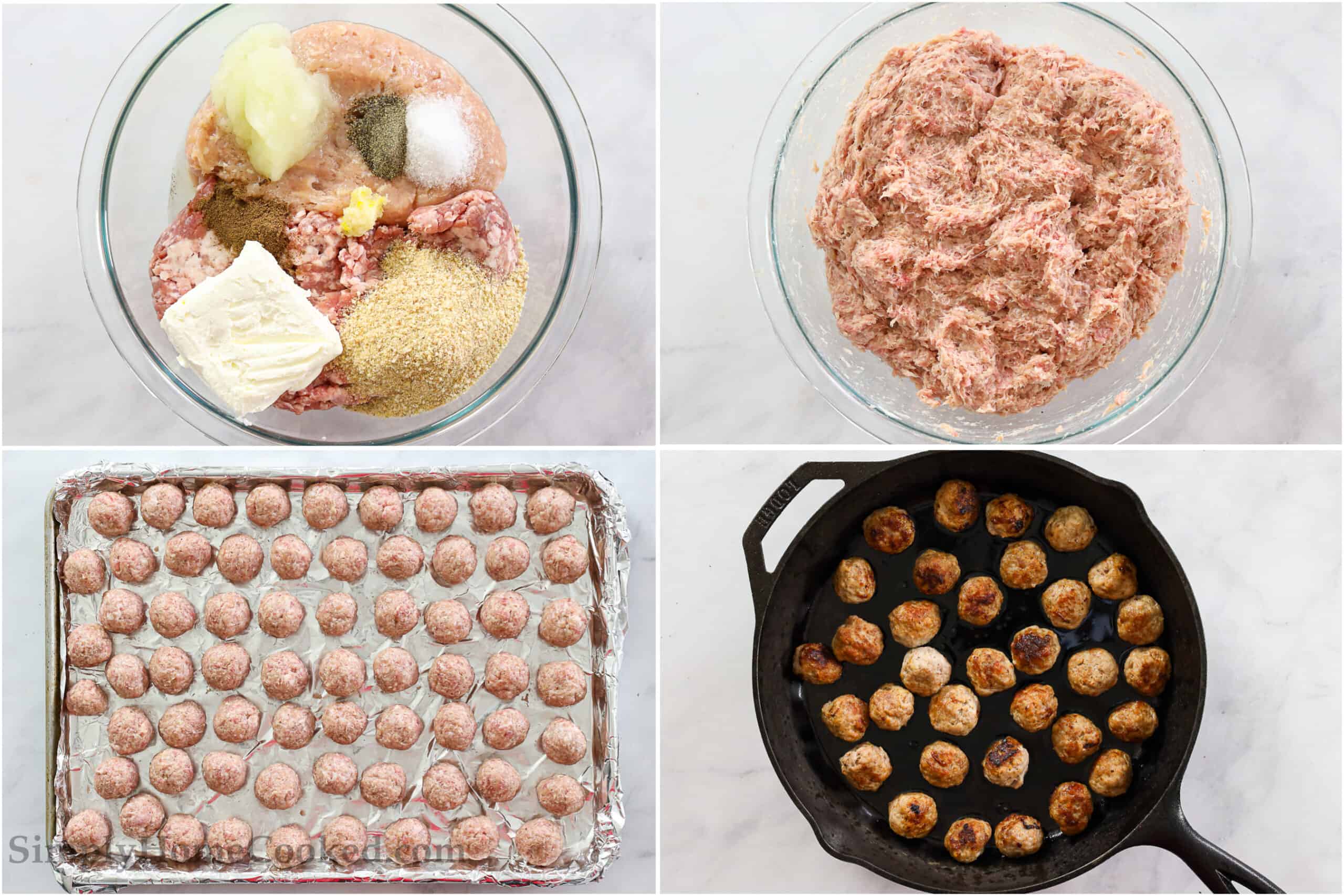 Steps to make Perfect Swedish Meatballs, including mixing the meatball ingredients together, then shaping it into balls, and cooking them in a cast-iron skillet.