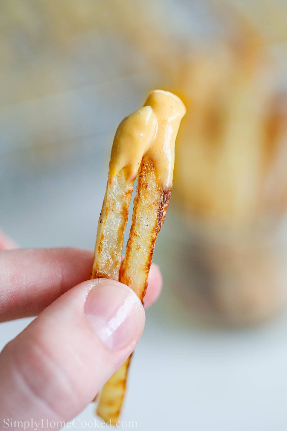 A hand holding two Air Fryer French Fries with sauce.