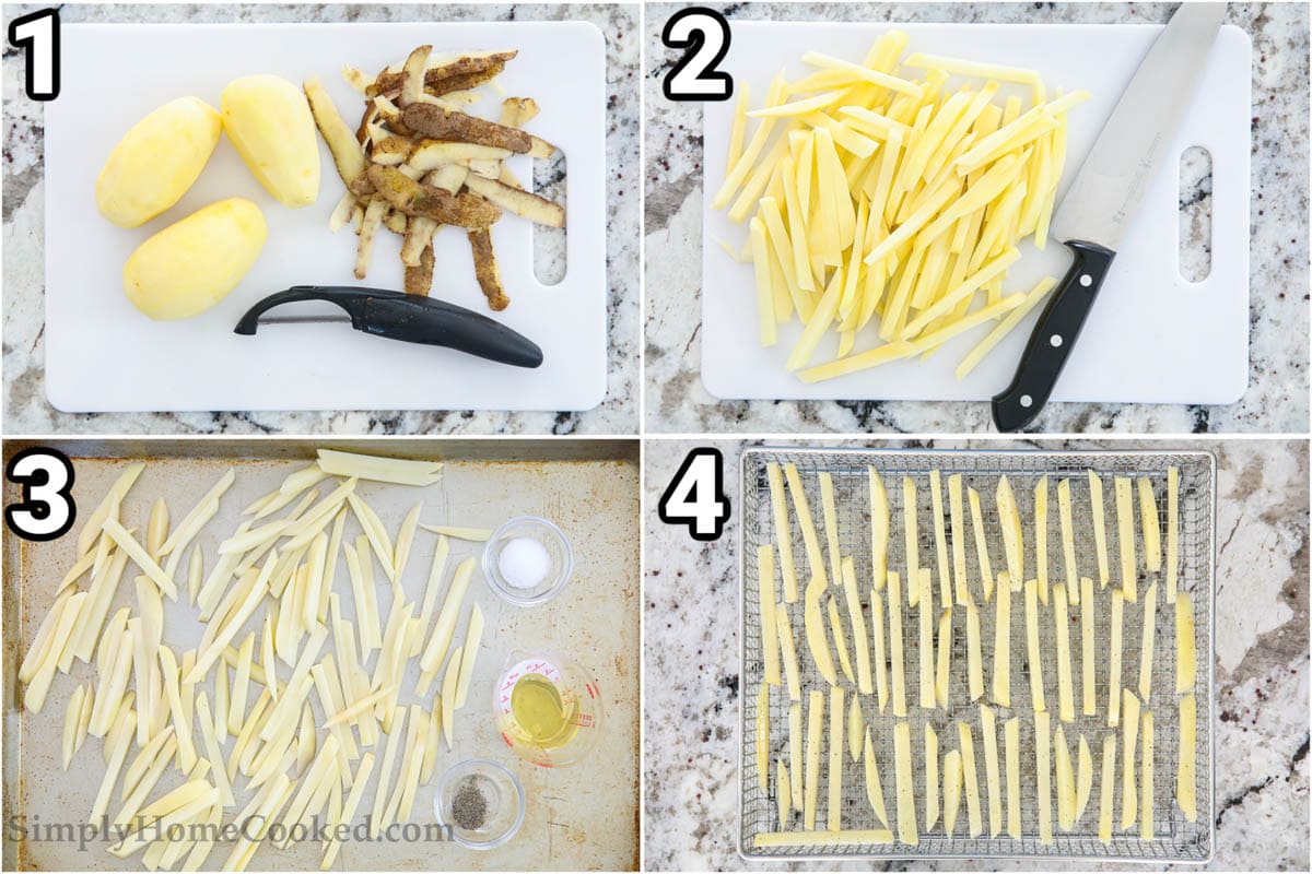 Steps to make Air Fryer French Fries: skin and chop the potatoes into stick, then cover them with salt, pepper, and oil, and finally air fry them until crispy.