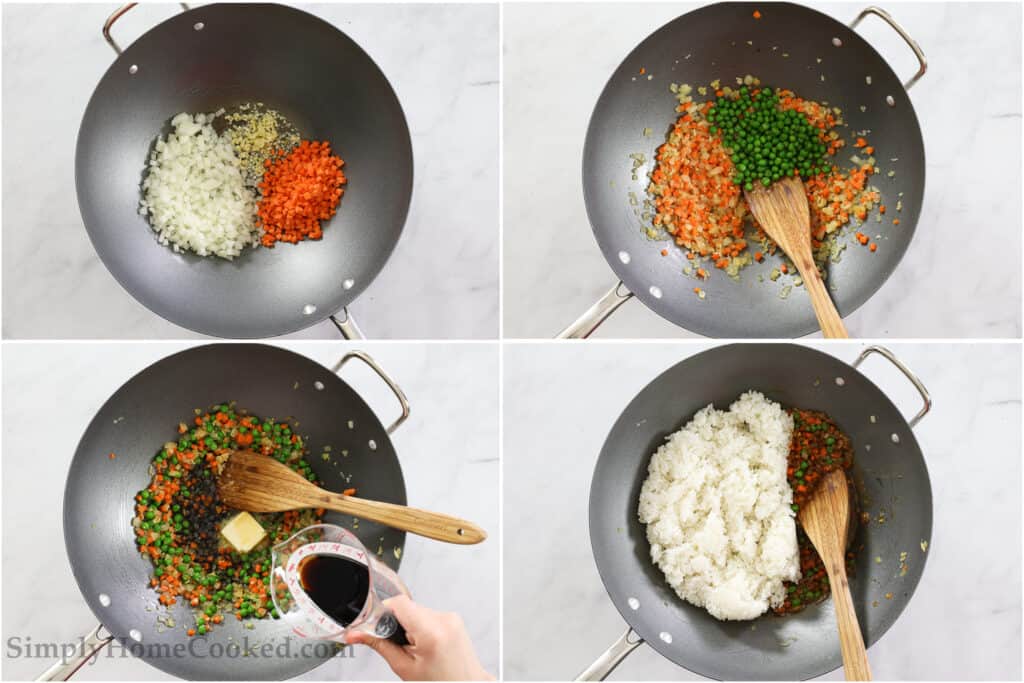 Steps to make Hibachi Fried Rice, including cooking the onion, carrots, and garlic in oil in a wok, then stirring in the peas, adding the sauce ingredients, and then mixing the rice in with a wooden spoon.