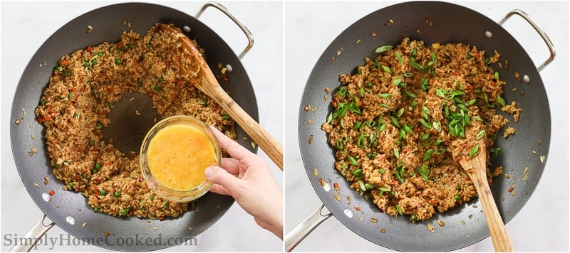 Steps to make Hibachi Fried Rice, including adding the scrambled eggs to the center of the rice to mix and cook, then stirring it all together and garnishing with green onion.