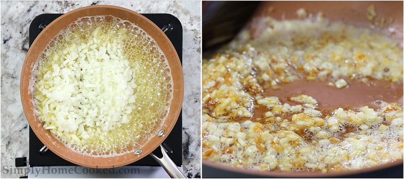 Steps to make caramelized onions for Potato Pierogi, including cooking the onions in butter in a pan.