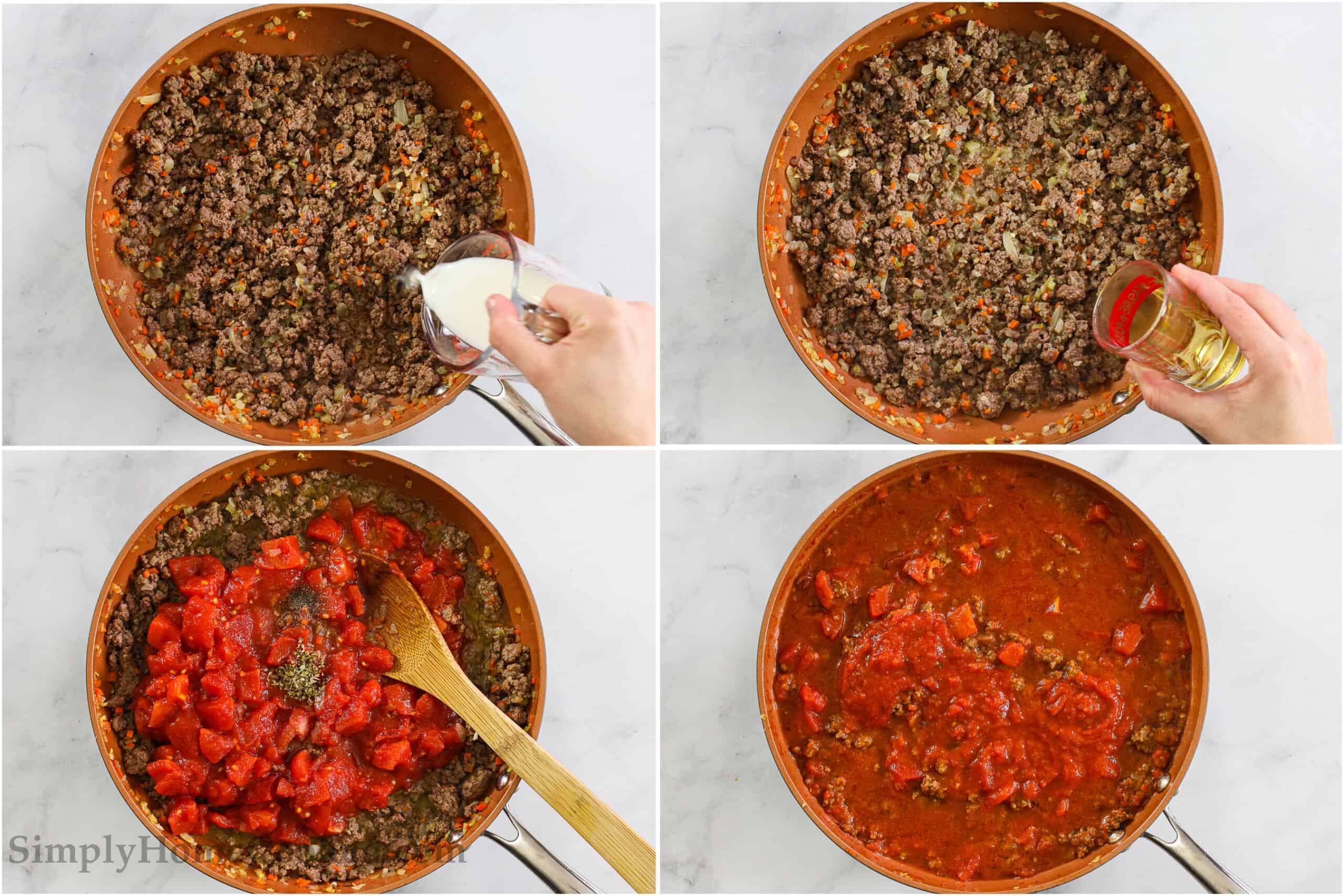 Steps for making Rigatoni Bolognese, including adding milk and white wine to the ground beef mixture, then adding the tomatoes and seasonings, and stirring it all together. 