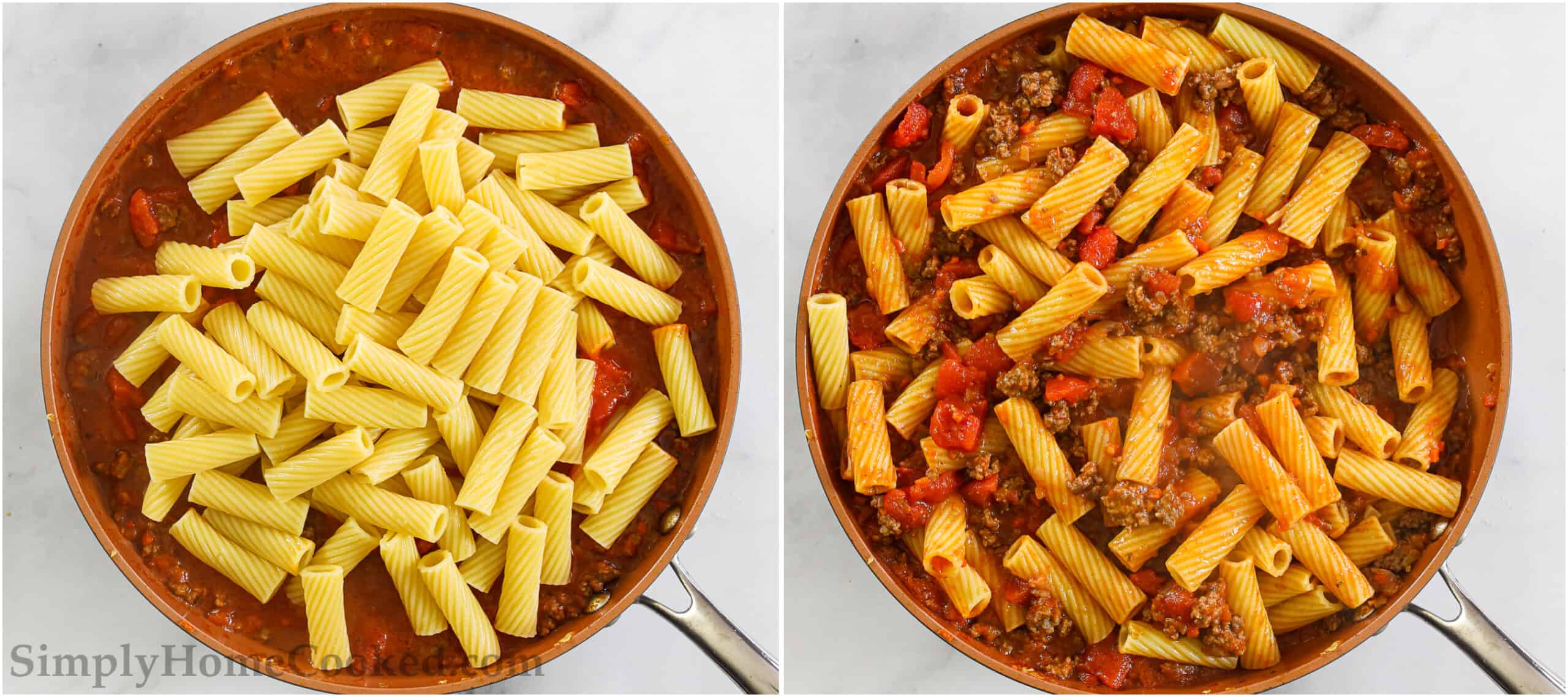 Steps to make Rigatoni Bolognese, including mixing the meat sauce with the pasta and sprinkling it with Parmesan cheese.