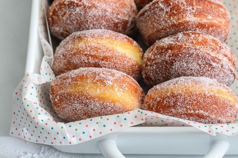 Close up of pan of Perfect Sugar Donuts 