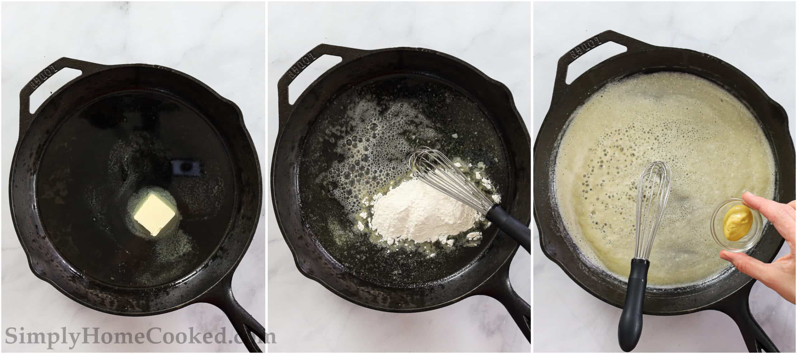 Steps for making Perfect Swedish Meatballs, including melting butter and oil in a cast-iron skillet, then whisking in flour to make a roux for the sauce. 