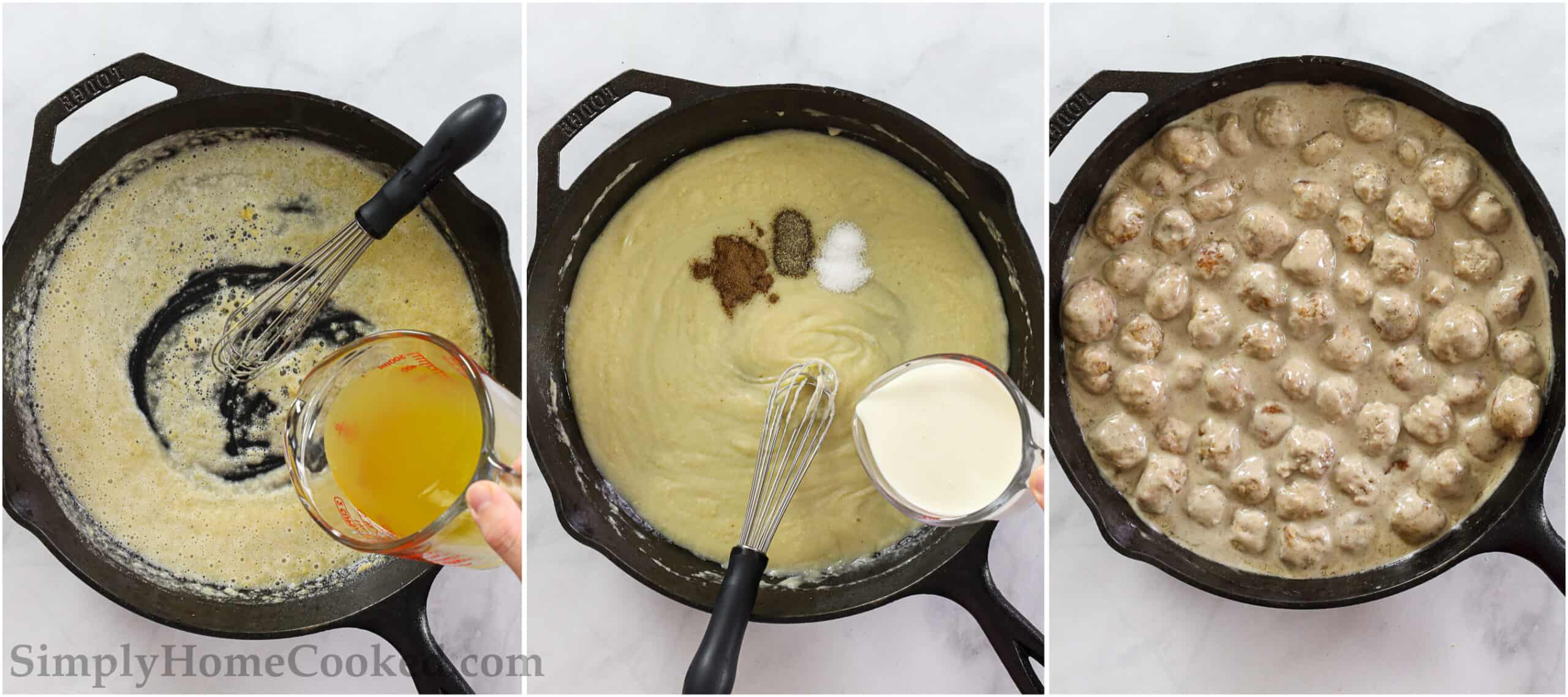 Steps to making the Perfect Swedish Meatballs, including adding the sauce ingredients to the roux and whisking them together and then adding in the cooked meatballs.
