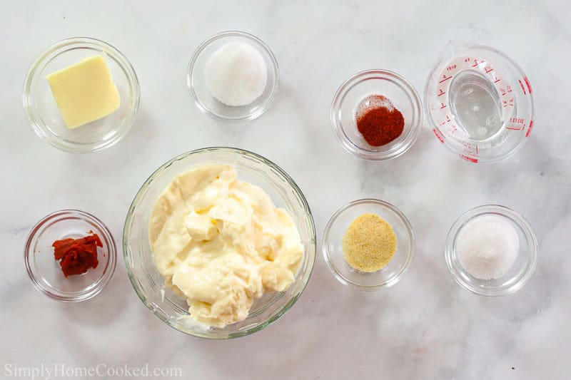 overhead image of yum yum sauce ingredients on a white background