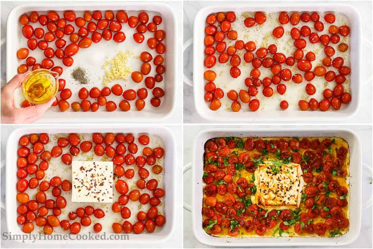 Steps to make Baked Feta Pasta, including roasting the cherry tomatoes, salt, pepper, garlic, and feta cheese with red pepper flakes in a baking dish and then mixing in basil.