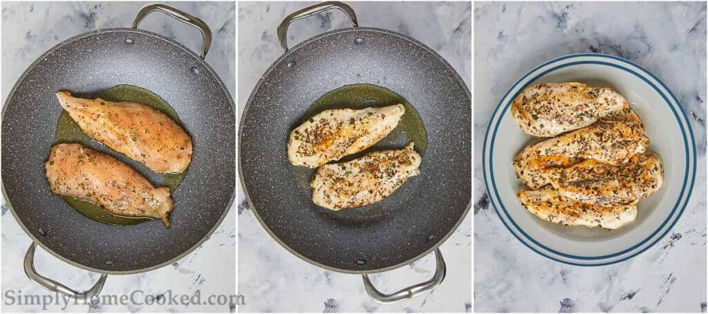 3 image collage of cooked chicken in a pan