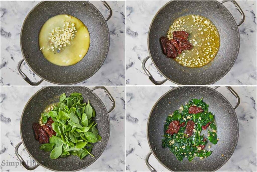 overhead image collage of butter, garlic, sun dried tomatoes and spinach in a pan