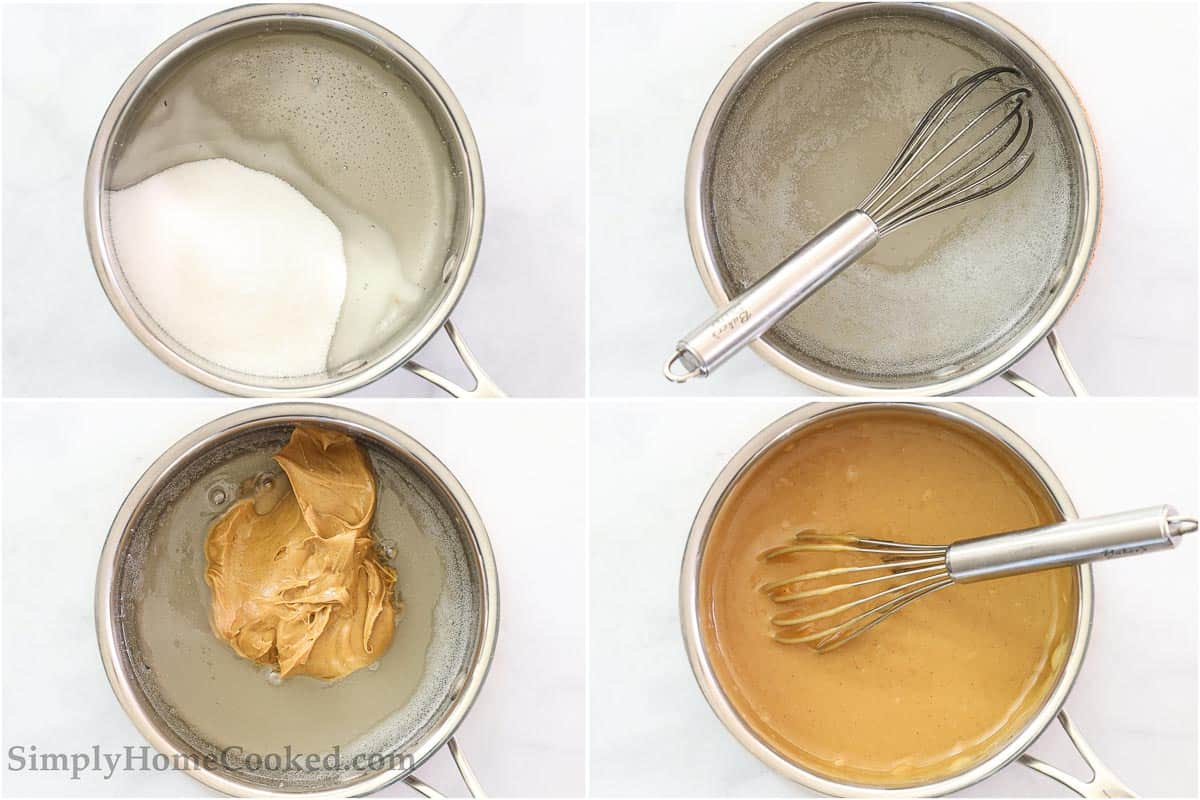 Steps to make Chewy Special K Bars, including boiling the sugar and corn syrup and then whisking in the peanut butter.