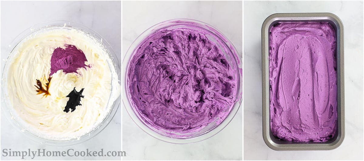 Steps for making Easy Ube Ice Cream, including adding ube flavor extract, vanilla extract, and ube powder to ice cream base and then mixing before placing in a loaf pan to freeze. 