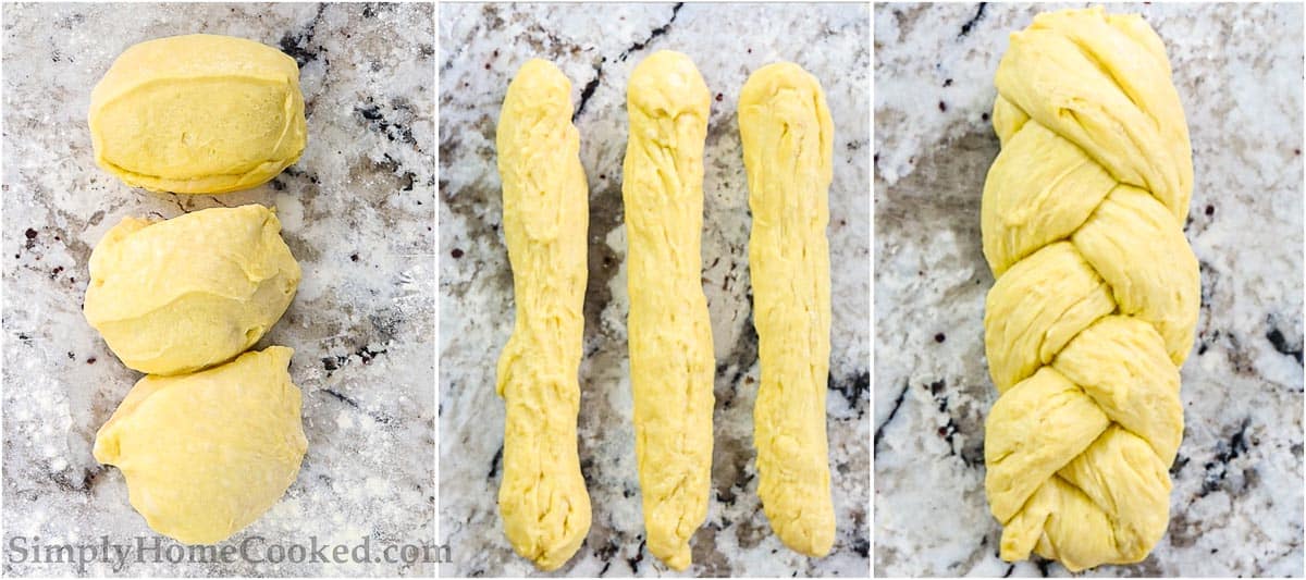 Steps to make Buttery Brioche Bread, including dividing the dough, rolling it out and braiding the pieces.