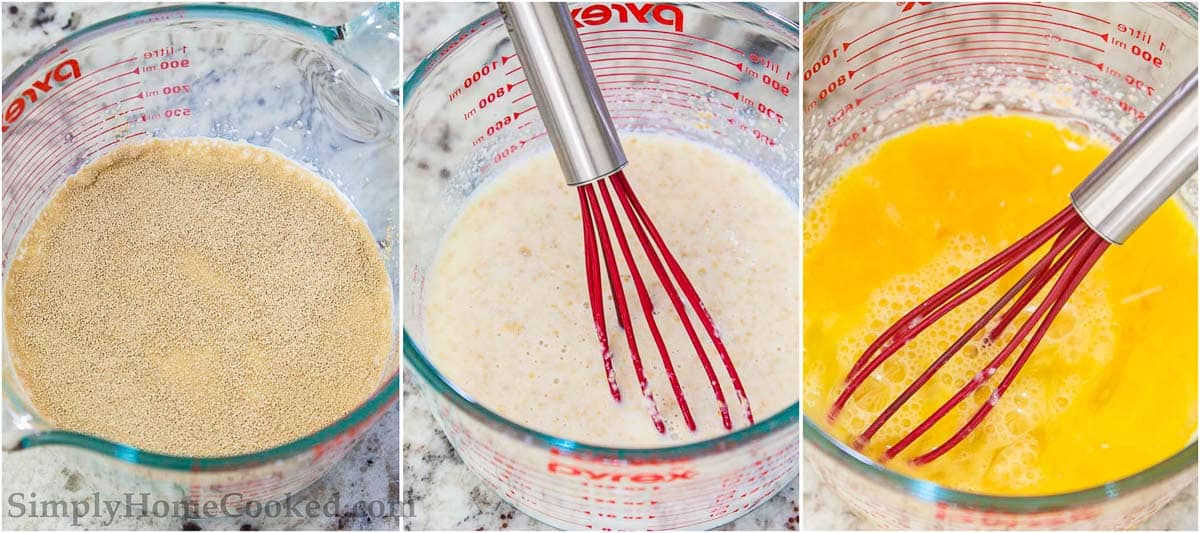 Steps to make Buttery Brioche Bread, including frothing the yeast mixture, whisking it, and then beating the eggs in a measuring cup. 