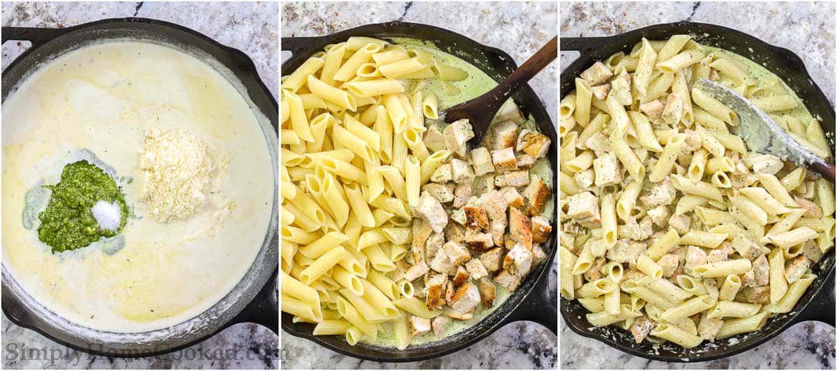 Steps to make Creamy Chicken Pesto Pasta, including adding the basil pesto and Parmesan cheese to the sauce before adding the cubed chicken and cooked penne pasta and stirring it all together with a wooden spoon. 
