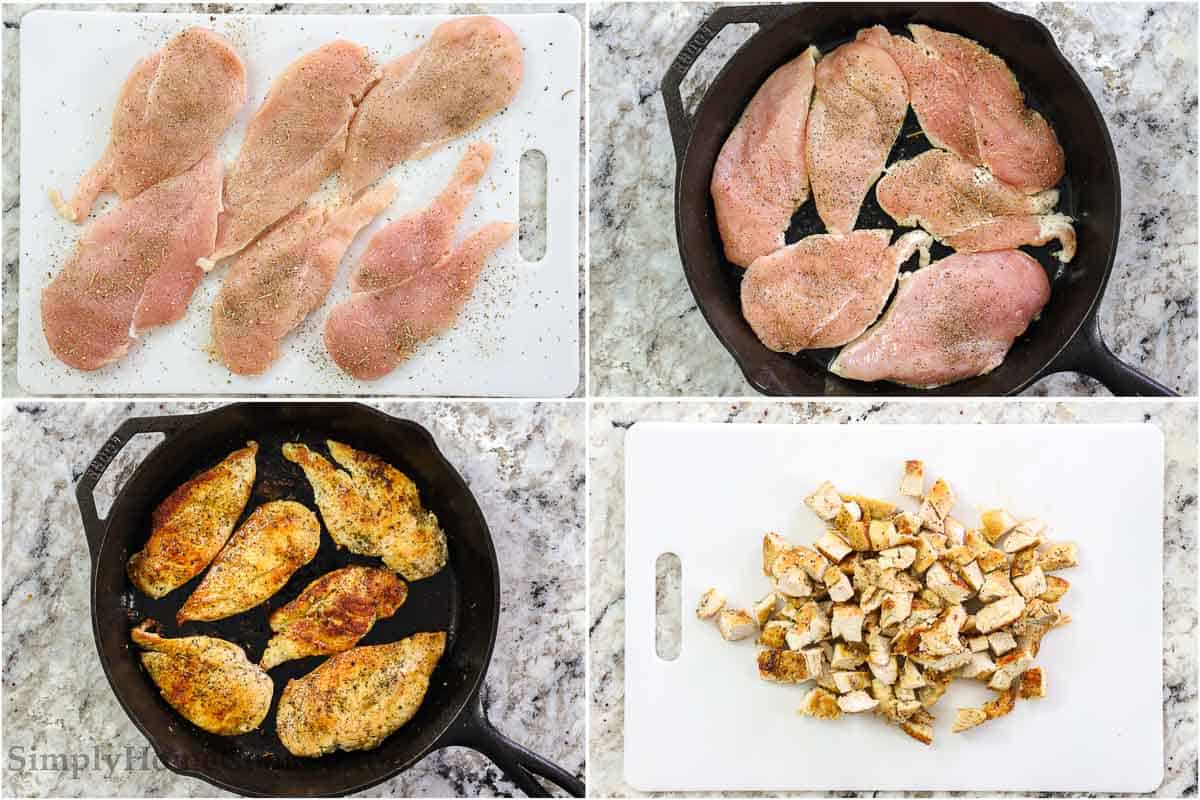 Steps to make Creamy Chicken Pesto Pasta, including cutting and seasoning the chicken breasts, then cooking them until brown and then cubing them.